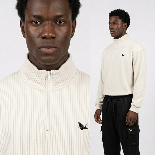 Cream Ribbed Quarter-Zip Pullover